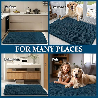 OLANLY Dog Door Mat for Muddy Paws 47x24, Absorbs Moisture and Dirt, Absorbent Non-Slip Washable Doormat, Quick Dry Chenille Mud Mat, Entry Indoor Entryway Carpet for Inside Floor, Atlantic Blue