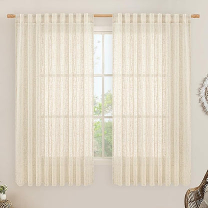 LAMIT Beige Linen Curtains 63 inches Long, Light Filtering Linen Textured Semi Sheer Back Tab and Rod Pocket Boho Drapes for Bedroom/Living Room, 2 Panels, 70 x 63 Inch