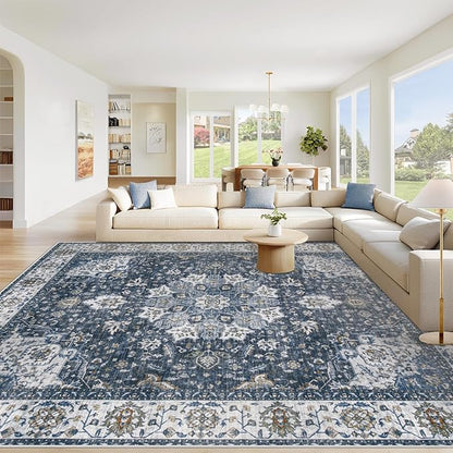 Area Rug 9x12 Washable Rug, Vintage Boho Medallion Rugs Non-Slip Soft Low Pile Large Distressed Rug Indoor Retro Carpet for Living Room Bedroom Dining Room Home Office (Vintage Blue, 9'x12')