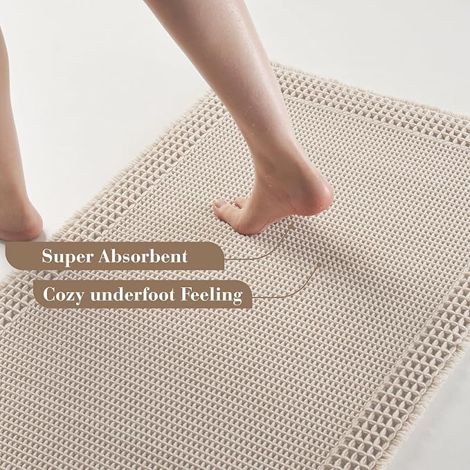 RESARE Waffle Bath Mat, Super Absorbent Non Slip, Machine Washable, Ultra Soft Boho Bath Rugs with Tassels, Upgraded Bordered Design, 17"x24" Pale Beige