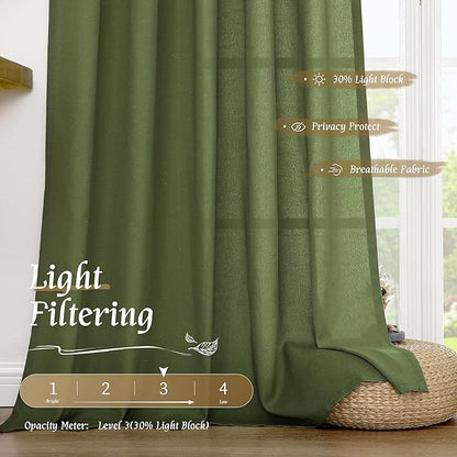 LAMIT Olive Green Linen Curtains for Bedroom, Faux Linen Textured Light Filtering Drapes Rod Pocket Boho Neutral Christmas Panels for Farmhouse/Living Room, 2 Panels, 52 x 72 Inch