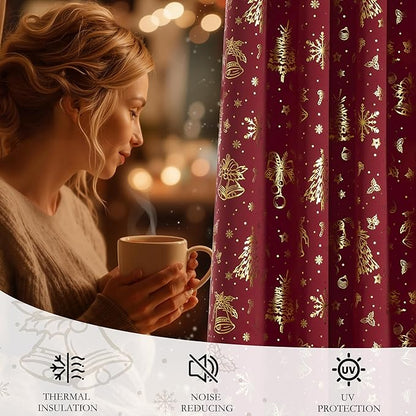 NICETOWN 2 Panels Christmas Red Curtains 52 x 84 Inch, Gold Foil Printed Rod Pocket Drapes, Xmas Theme Window Treatment for Holiday Home Decor, Set of 2 Christmas Style Curtain Panels