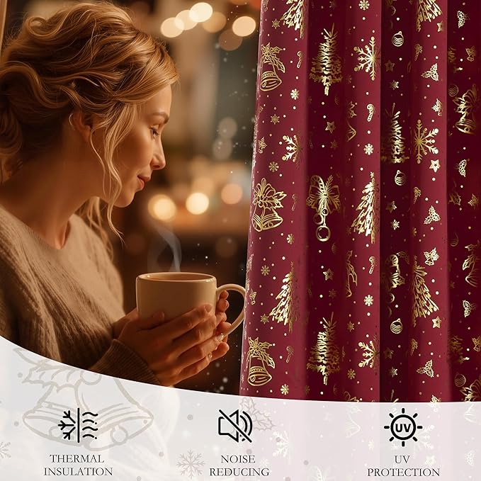 NICETOWN 2 Panels Christmas Red Curtains 42 x 84 Inch, Gold Stamped Rod Pocket Curtain Drapes for Holiday Season, Xmas Home Decor, Festive Window Treatments for Bedroom, Seasonal Curtain Set