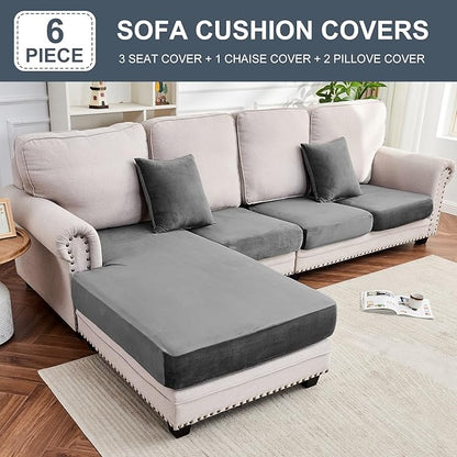 Couch Cover 4-Piece Elastic Velvet Couch Cushion Covers & Chaise Slipcovers for L-Shaped Sofas - Sofa Seat Covers Washable, Soft Protector for Couches (3 Seater + Chaise, Grey)