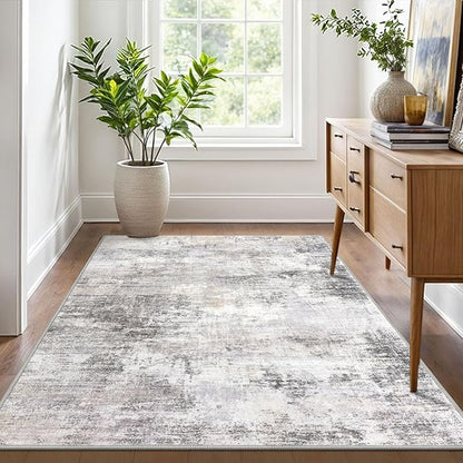 IOHOUZE Abstract Area Rug 4x6 Ft Washable Rugs for Entryway Indoor, Non Slip Small Living Room Rugs Printed Faux Wool Throw Rug, Floor Carpet for Kitchen Nursery Playroom, Grey Beige