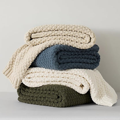 EVERGRACEHOME Chunky Chenille Knit Throw Blanket for Couch, Soft Luxurious Moss Stitch Blankets for Bed, Cozy Decorative Farmhouse Knitted Throws for Sofa, Ivory White, 50" x 60"
