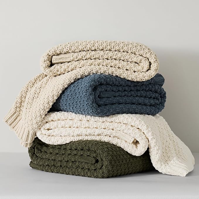 EVERGRACEHOME Chunky Chenille Knit Throw Blanket for Couch, Soft Luxurious Moss Stitch Blankets for Bed, Cozy Decorative Farmhouse Knitted Throws for Sofa, Ivory White, 60" x 80"