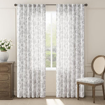 jinchan Linen Floral Curtains for Living Room, 84 Inch Length Curtains with Printed Flower Light Filtering Curtain, Rod Pocket Back Tab Gray Window Curtain Set, 2 Panels Light Grey on White