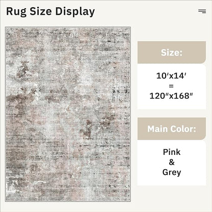 10x14 Area Rugs for Living Room, Non Slip Machine Washable Vintage Rugs, Low Pile Lightweight Large Rug for Bedroom, Dining Room, Home Office Pink/Grey