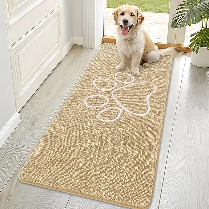 OLANLY Dog Door Mat for Muddy Paws 70x35, Paw Print Design, Absorbs Moisture and Dirt, Absorbent Non-Slip Washable Doormat, Quick Dry Chenille Mud Mat for Dogs, Entry Indoor Entryway Carpet, Beige