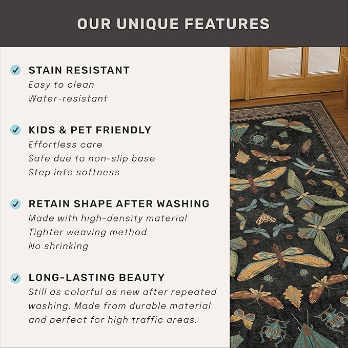 Green and Black Rug for Entryway Indoor- 3x6 Kitchen Floor Mats Non Slip, Washable Dark Unique Insect Print Rugs for Entry Way, Mudroom, Vintage Stain Resistant Indoor Décor