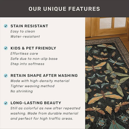 Green and Black 3x12 Long Runner Rugs for Hallway - Boho Door Rugs for Entryway Indoor Washable, 12ft Nature Insect Stain Resistant Kitchen Carpet, Low Pile & Soft Indoor Décor