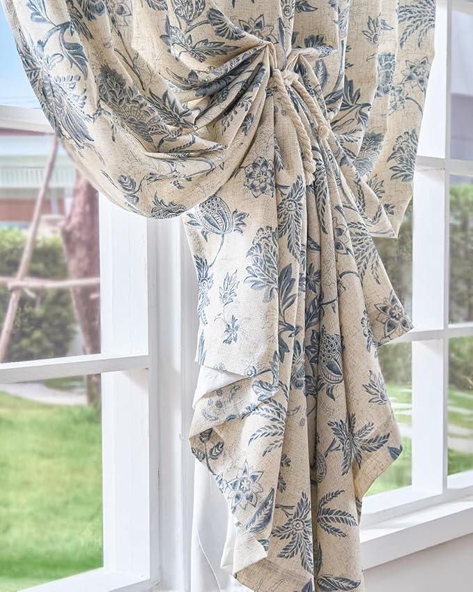 jinchan Lined Linen Floral Curtains for Living Room, 96 Inch Length Printed Flower Farmhouse Patterned French Country Back Tab Blue Window Drapes Set Privacy Bedroom Curtains, 2 Panels