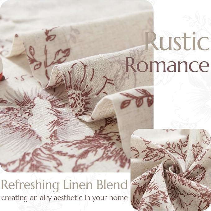 jinchan Linen Blend Curtain Floral Curtains for Living Room 63 Inch Length Farmhouse Brick Red Printed Curtain Rod Pocket Back Tab Peony Flower Patterned Drapes Curtains Set 2 Panels