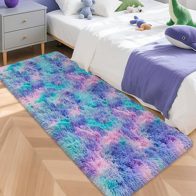 Super Soft Fluffy Living Room Area Rug 2x5 ft Purple Rainbow Tie-Dyed Shaggy Furry Carpet Washable Non-Slip Carpets Bedroom Bedside Nursery Rug Cute Colorful Room Decor for Girls