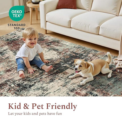 Rugflix 5x7 Area Rugs for Living Room, Washable Large Rug Stain-Resistant Low Pile, Modern Carpet for Dining Room Home Office Kid Room Nursery Bedroom, Rust
