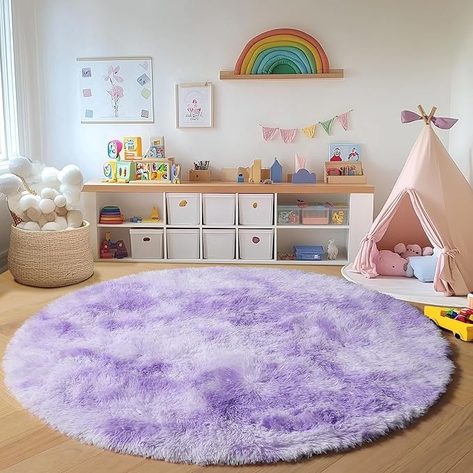 ONASAR Tie-Dyed Purple Round Area Rug 4ft, Soft Bedroom Circle Rugs Floor Mats for Kids Girls Teen Room, Kawaii Fluffy Plush Shaggy Carpet for Baby Nursery Living Room Playroom Home Decor