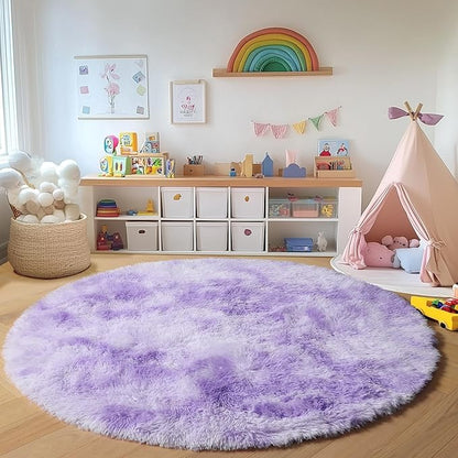 ONASAR Round Rugs 5ft for Bedroom Living Room, Tie-Dyed Purple Fluffy Circle Area Rug for Kids Girls Boys Teen, Soft Plush Shaggy Carpet for Nursery Dorm Classroom Playroom Home Decor Aesthetic