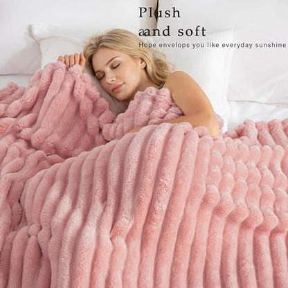 Exclusivo Mezcla Twin Size Flannel Fleece Blanket, Super Soft Striped Jacquard Bed Blanket, Lightweight Fuzzy Cozy for All Seasons, 60x80 Inches, Pink
