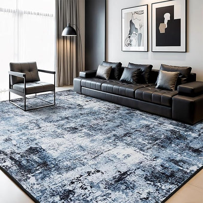 Rugflix 8x10 Area Rugs for Living Room, Washable Large Rug Stain-Resistant Low Pile, Modern Dark Carpet for Dining Room Home Office Kid Room Nursery Bedroom, Navy Blue/Black
