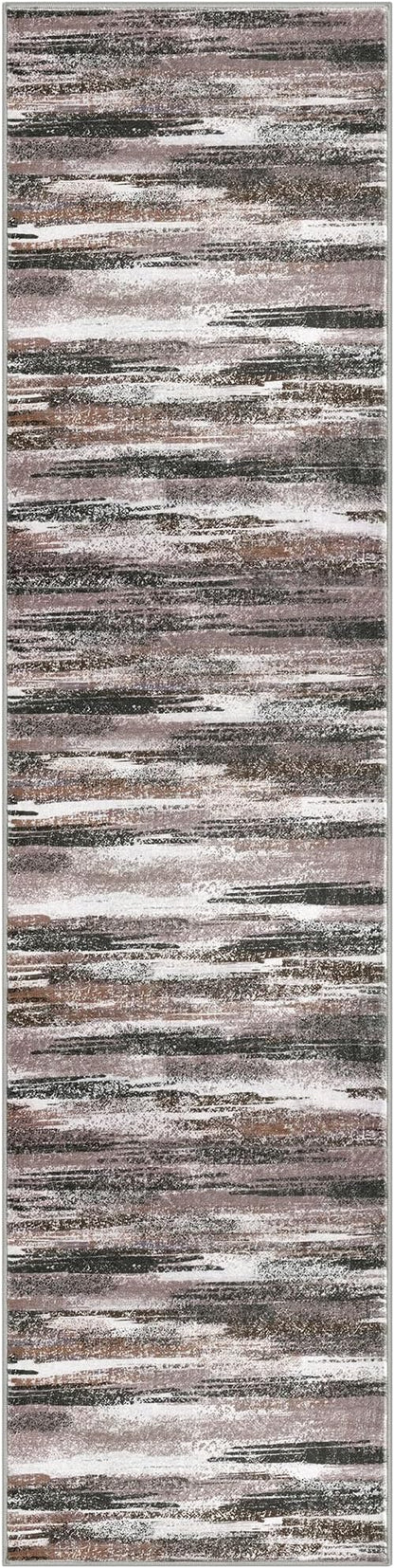Lansny Modern Abstract Runner Rug 2.6x10, Dark Light Brown White Washable Long Kitchen Runner Non-Slip Soft Hallway Rug Runner Thin Print Faux Wool Carpet for Entryway Bedroom Laundry Room Indoor