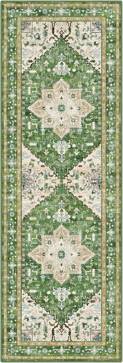 Yamaziot Washable Runner Rug, 2x6 Non-Slip Boho Vintage Hallway Rug Runner with Rubber Backing, Stain Resistant & Low Pile Faux Wool Distressed Carpet Runner for Kitchen, Laundry, Entrance, Green