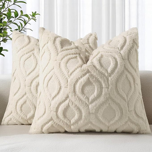 decorUhome Throw Pillow Covers 24x24 Inch Set of 2, Soft Plush Faux Wool Beige Solid Couch Pillow Covers, Accent Euro Sham Farmhouse Neutral Square Pillow Cases for Sofa Bed Living Room