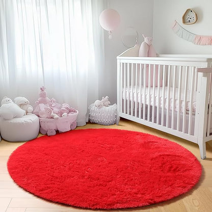ONASAR Red Round Rugs 5ft for Bedroom Living Room, Fluffy Circle Area Rug for Kids Girls Boys Teen, Soft Plush Shaggy Carpet for Nursery Dorm Classroom Playroom Home Decor Aesthetic