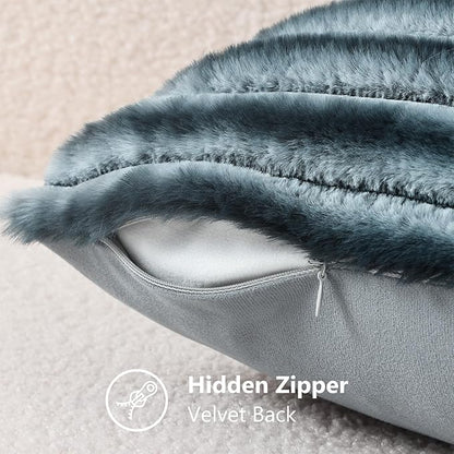 decorUhome Cozy Faux Fur Throw Pillow Covers 12x20 Set of 2 Decorative Soft Plush Striped Lumbar Modern Farmhouse Boho Couch Pillow Cases with Velvet Back for Sofa Bed Living Room, Blue Grey