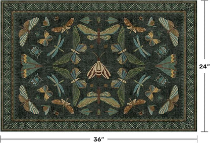 Hazo Haus 2x3 Entry Way Rugs Indoor - Dark Green Small Throw Rug for Kitchen, Bathroom, Insect Boho Design, Washable Non Slip Stain Resistant
