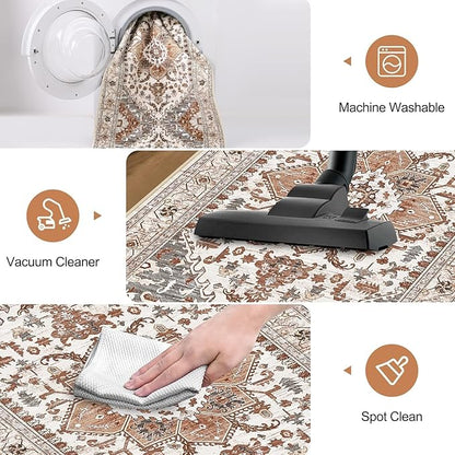 Yamaziot Washable Runner Rug, 2x6 Non-Slip Boho Vintage Hallway Rug Runner with Rubber Backing, Low Pile Faux Wool Distressed Carpet Runner for Bedroom, Kitchen, Laundry, Entrance, Ginger Grey