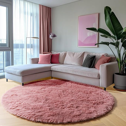 ONASAR Blush Round Rugs 6ft for Living Room Bedroom, Fluffy Circle Area Rug for Kids Girls Boys Teen, Soft Plush Shaggy Carpet for Nursery Dorm Classroom Playroom Home Decor Aesthetic