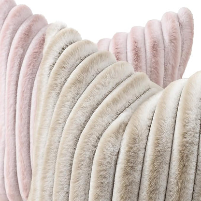 decorUhome Summer Cozy Faux Fur Throw Pillow Covers 20x20 Set of 2 Decorative Soft Plush Striped Modern Farmhouse Boho Couch Pillow Cases with Velvet Back for Sofa Bed Living Room, Beige White