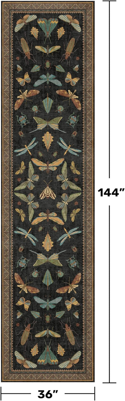 Green and Black 3x12 Long Runner Rugs for Hallway - Boho Door Rugs for Entryway Indoor Washable, 12ft Nature Insect Stain Resistant Kitchen Carpet, Low Pile & Soft Indoor Décor