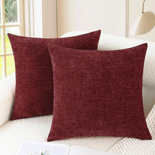 CaliTime Christmas Throw Pillow Covers Decorative 22 X 22 Inches Pack of 2 Cozy Chenille Cushion Cases for Couch Sofa Bed Living Room Home Burgundy