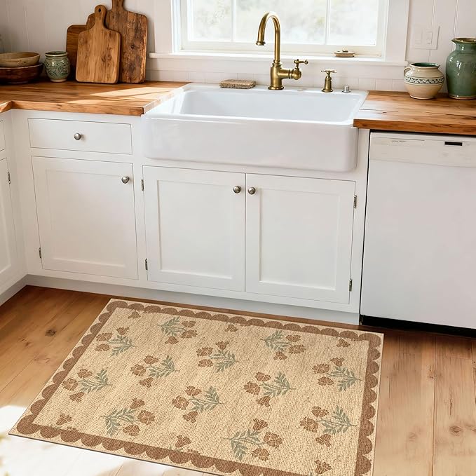 Floral Outdoor Rug - 28" x 43" Front Door Mat Indoor Outside Entrance Non-Slip Washable Outdoor Mat Jute-Look Tan Scalloped Rug for Entryway Kitchen Mudroom Layered Doormat for Front Porch