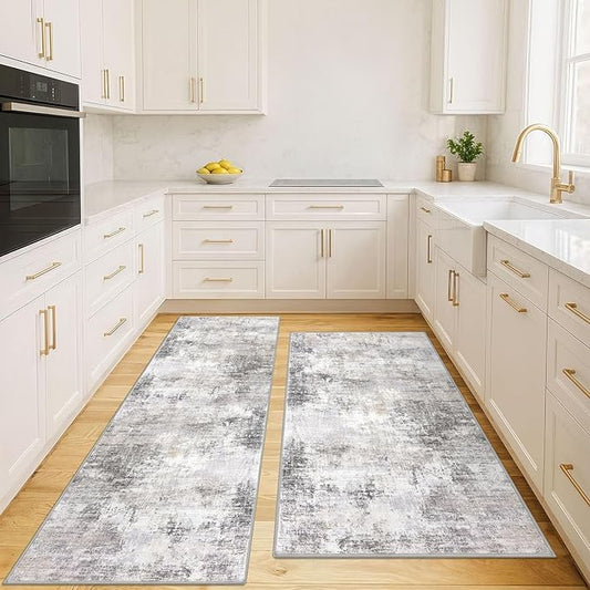 IOHOUZE Abstract Area Rugs and Runners Sets 2x6 and 3x5 Ft, Washable Entryway Rug and Runner Set, Non Slip Kitchen Rug Set, Printed Faux Wool Modern Floor Carpet for Hall Kitchen Entrance, Grey Beige