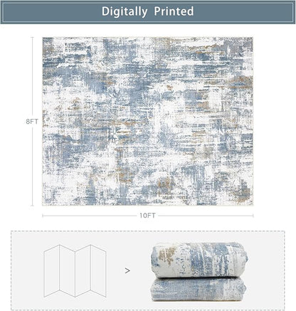 Washable Rugs 8x10 Area Rugs for Living Room,Modern Abstract Rugs for Bedroom,Large Carpets,Ultra Soft Faux Wool Dining Room Rug,Non Slip Low Pile Print Rug- Blue- (White-Reddish Brown)