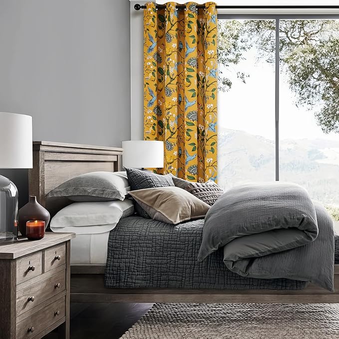 Topfinel 105 Inches Long Mustard Yellow Luxury Curtains for Living Room Bedroom, Blackout Vintage Art Deco Victorian Curtains Floral Lemon Hummingbird Printed Grommet Drape 105 Inch Length