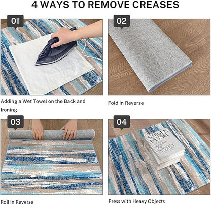 Lansny Modern Abstract Runner Rug 2.6x18, Blue Washable Long Kitchen Runner Non-Slip Soft Hallway Rug Runner Thin Print Faux Wool Carpet for Entryway Bedroom Laundry Room Indoor Home Decor
