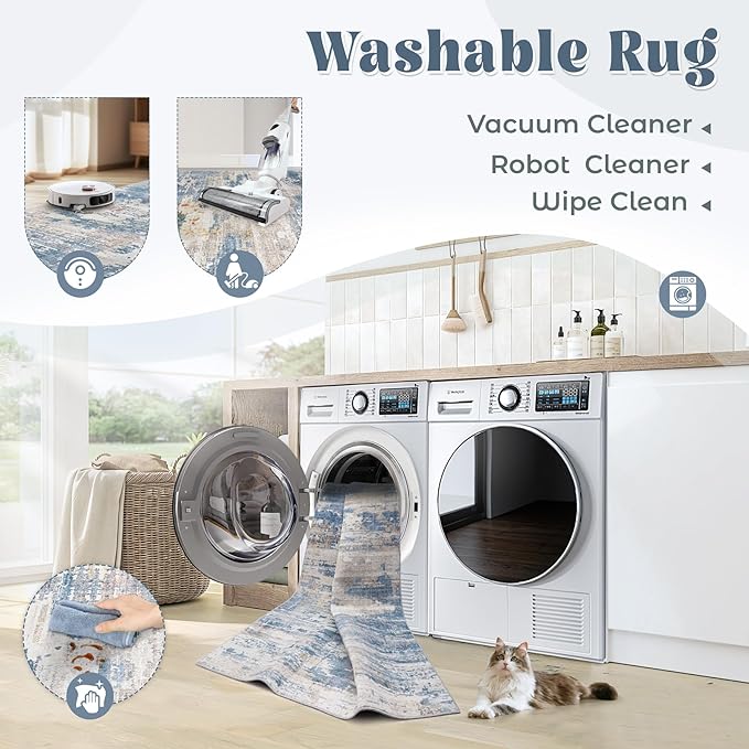 5x7 Area Rugs for Living Room, Washable Modern Abstract Large Area Rug Neutral Soft Non Slip Kids Rug Stain Resistant Indoor Carpet for Bedroom Nursery Dining Room Playroom(BlueBeige, 5'x7')