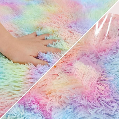 Fluffy Rainbow Rug for Girls Bedroom 3x10 Feet Kawaii Tie Dye Area Rug Colorful Unicorn Runner Rug for Kids Teens Nursery Baby Princess Room Lining Room Home Decor Carpets