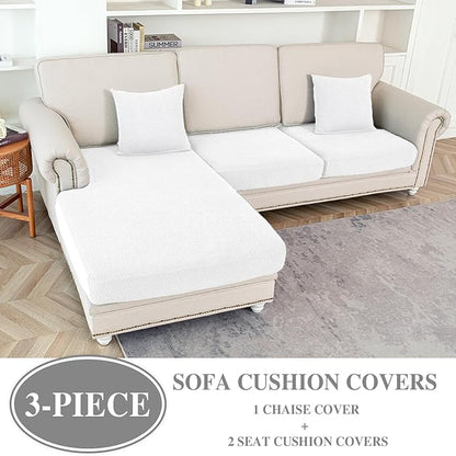 Couch Cushion Covers for Sectional Sofa L Shape Washable Separate Seat Chaise Couch Cover Stretch Sofa Slipcovers with 2 Pcs Pillowcases(2 Seater + 1 Chaise, White)