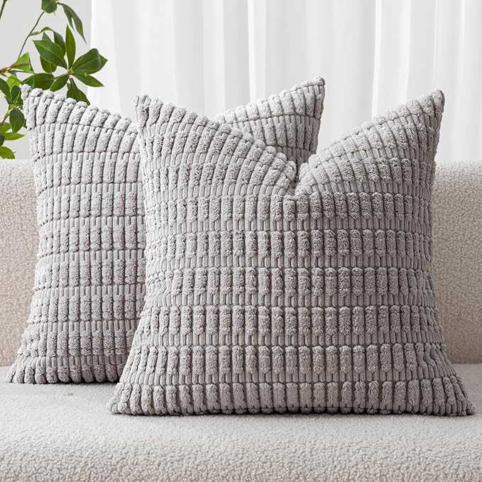 MIULEE Pack of 2 Corduroy Decorative Throw Pillow Covers 18x18 Inch Soft Boho Striped Pillow Covers Modern Farmhouse Home Decor for Sofa Living Room Couch Bed Light Grey