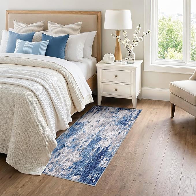 Washable Area Rugs 3x6 Non-Slip Modern Abstract Soft for Living Room Entryway Bedroom Nursery, Print Pattern, Blue Grey Navy Gray