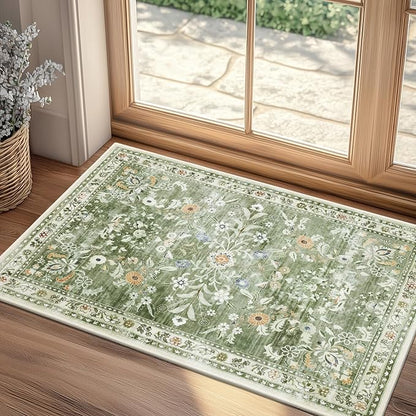 Yamaziot Washable Runner Rug 2x3 – Floral Non Slip Small Entryway Rug with Rubber Backing, Low Pile Faux Wool Distressed Carpet for Indoor Door Mat, Kitchen, Laundry Entrance, Green