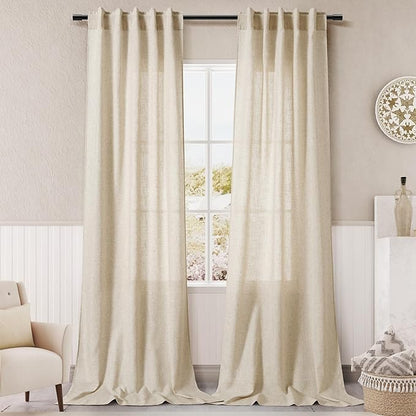Beige Linen Curtain 96 inches Long for Living Room Back Tab Neutral Vintage Country Rustic Farmhouse Curtain Burlap Textured Canvas Cloth Look Drapes 96 inch Length for Dinning Room Bedroom 8 FT