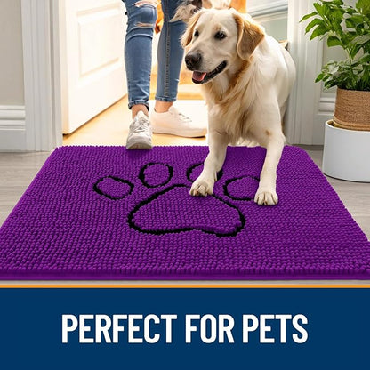 OLANLY Dog Door Mat for Muddy Paws 48x30, Paw Print Design, Absorbs Moisture and Dirt, Absorbent Non-Slip Washable Doormat, Quick Dry Chenille Mud Mat for Dogs, Entry Indoor Entryway Carpet, Purple
