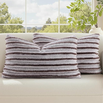 decorUhome Cozy Faux Fur Throw Pillow Covers 12x20 Set of 2 Decorative Soft Plush Striped Lumbar Modern Farmhouse Boho Couch Pillow Cases with Velvet Back for Sofa Bed Living Room, Brown White