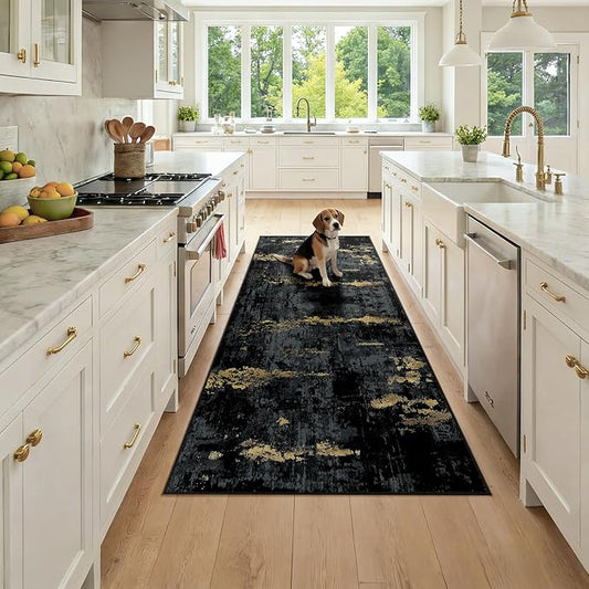 Washable Area Rugs 3x7 Non-Slip Modern Abstract Soft for Living Room Entryway Bedroom Nursery, Print Pattern, Dark Black Gold